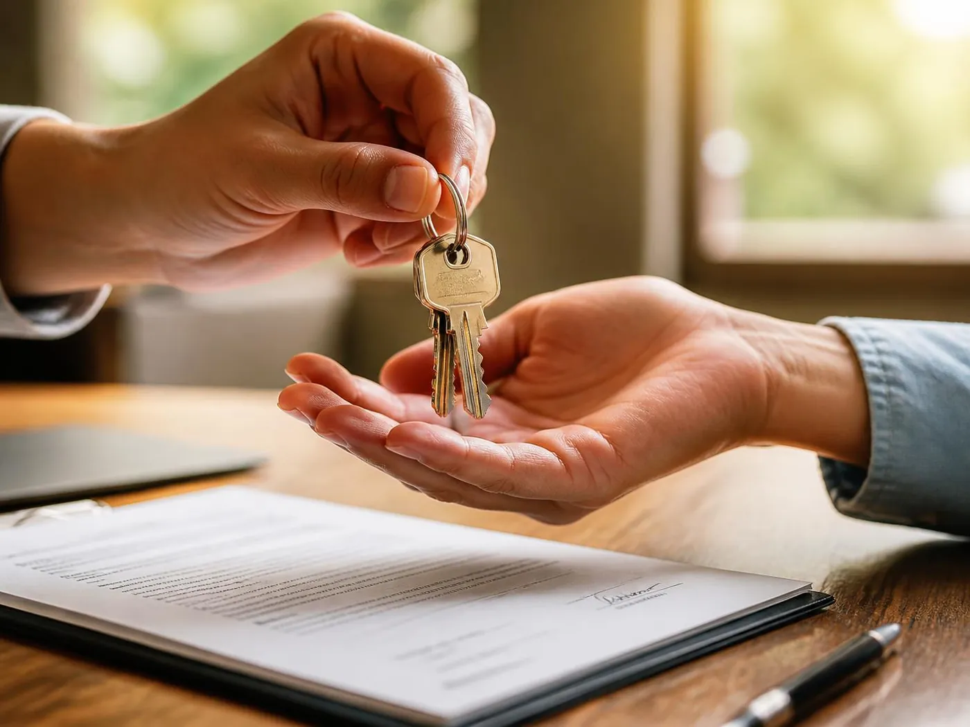 Handing keys to a new resident over a signed lease